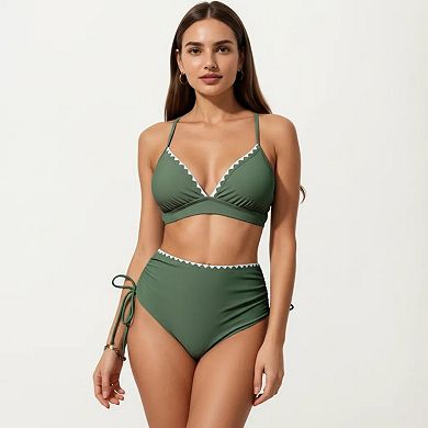 Women's 2-Piece Bikini Set with Triangle Bralette Top Scalloped Trim and High Rise Tie Side Bottom