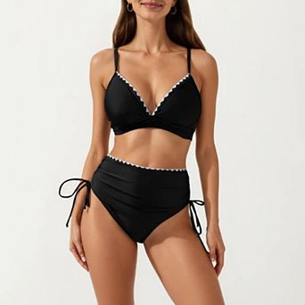 Women's 2 pc Bikini Set with Triangle Bralette Top Scalloped Trim and High Rise Tie Side Bottom