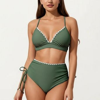 Women's 2 pc Bikini Set with Triangle Bralette Top Scalloped Trim and High Rise Tie Side Bottom
