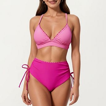 Women's 2 pc Bikini Set with Triangle Bralette Top Scalloped Trim and High Rise Tie Side Bottom