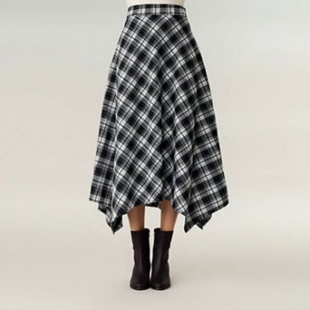 Women's Plaid Midi Skirt with Handkerchief Hem and High Waist Flared Silhouette
