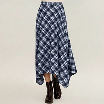 Women's Plaid Midi Skirt with Handkerchief Hem and High Waist Flared Silhouette