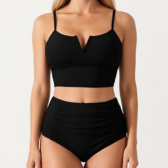 Women's Two Piece Bikini Set with V Notch Crop Bikini Top and High Waist Bottom