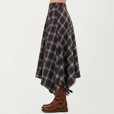 Women's Asymmetrical Plaid Midi Skirt with Handkerchief Hem and Flowy Silhouette