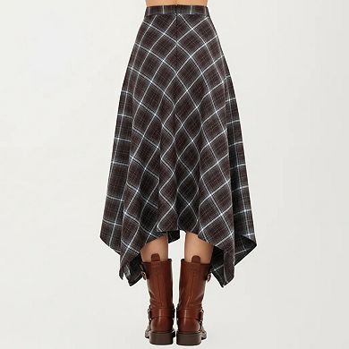 Women's Asymmetrical Plaid Midi Skirt with Handkerchief Hem and Flowy Silhouette