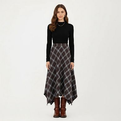 Women's Asymmetrical Plaid Midi Skirt with Handkerchief Hem and Flowy Silhouette