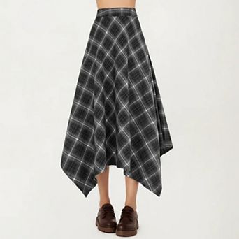 Women's Asymmetrical Plaid Midi Skirt with Handkerchief Hem and Flowy Silhouette