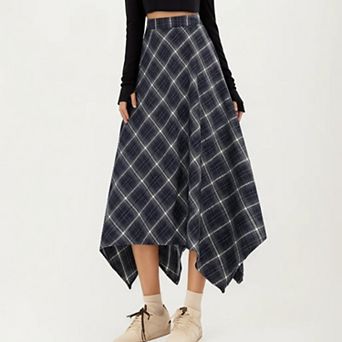 Women's Asymmetrical Plaid Midi Skirt with Handkerchief Hem and Flowy Silhouette