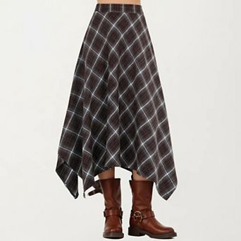 Women's Asymmetrical Plaid Midi Skirt with Handkerchief Hem and Flowy Silhouette