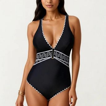 Women's One Piece Swimsuit with Deep V Neckline Textured Waistband and Contrast Trim