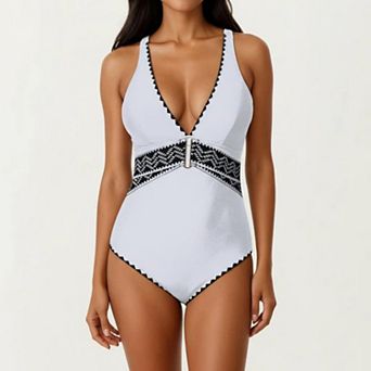 Women's One Piece Swimsuit with Deep V Neckline Textured Waistband and Contrast Trim