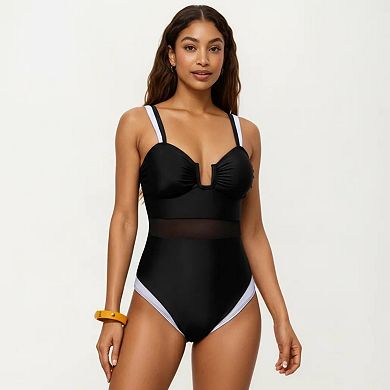 Women's One Piece Swimsuit with U Neckline Sheer Waist Panel and Contrast Strap Detail