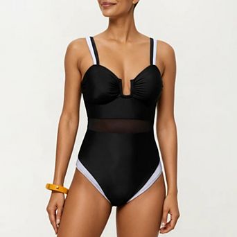 Women's One Piece Swimsuit with U Neckline Sheer Waist Panel and Contrast Strap Detail