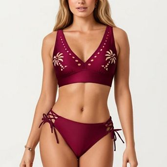 Women's 2 pc Bikini Set with Palm Tree Cutout Bralette Top and Adjustable Side Tie Bottom