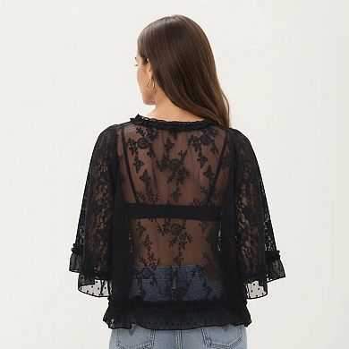 Womens Three Quarter Sleeve Lace Mesh Layering Blouse Top