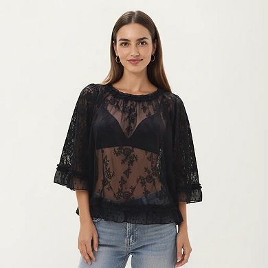 Womens Three Quarter Sleeve Lace Mesh Layering Blouse Top