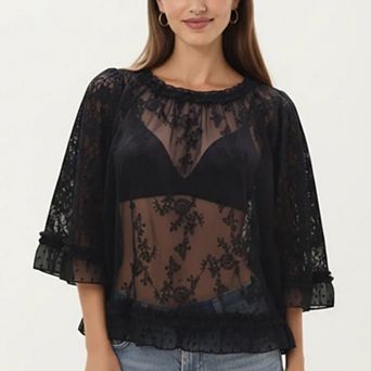 Womens Three Quarter Sleeve Lace Mesh Layering Blouse Top