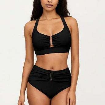 Women's Two Piece Bikini Set with Ruched Bralette Top and High Waist Bottoms