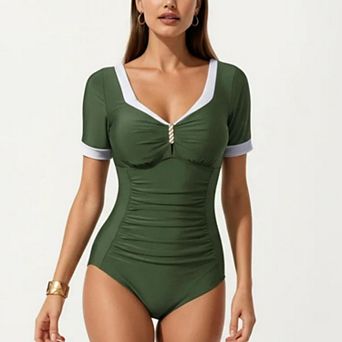 Women's One Piece Swimsuit with Short Sleeves V Neck Trim and Ruched Waist