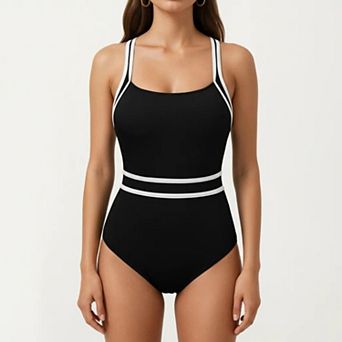Women's One Piece Swimsuit with Scoop Neckline Contrast Trim and Waistband Detail