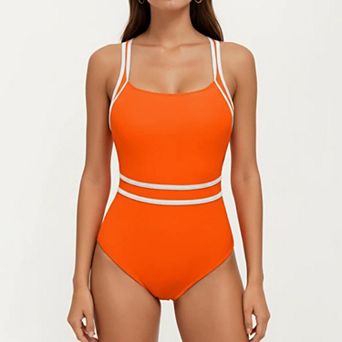 Women's One Piece Swimsuit with Scoop Neckline Contrast Trim and Waistband Detail
