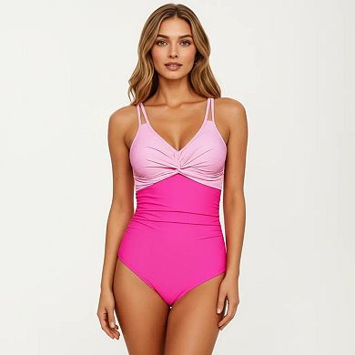 Women's One Piece Swimsuit with Twist Front Bust Detail Contrast Paneling and Adjustable Straps