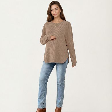 Women's Maternity Long Sleeve Ribbed Knit Top with Crew Neck Side Button Detail