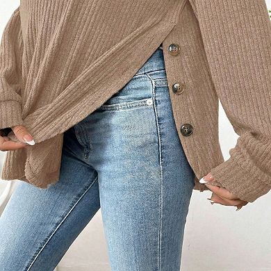 Women's Maternity Long Sleeve Ribbed Knit Top with Crew Neck Side Button Detail