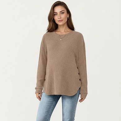 Women's Maternity Long Sleeve Ribbed Knit Top with Crew Neck Side Button Detail