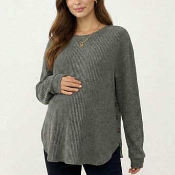 Women's Maternity Long Sleeve Ribbed Knit Top with Crew Neck Side Button Detail