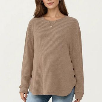 Women's Maternity Long Sleeve Ribbed Knit Top with Crew Neck Side Button Detail