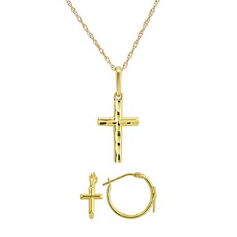 Forever 14K Polished Gold Cross Necklace & Studs Set