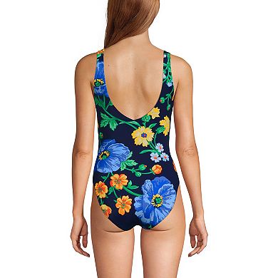 Women's Lands' End Long Torso Tugless V-Neck High Leg One-Piece Swimsuit