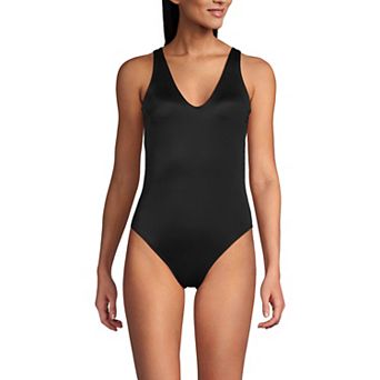 Women's Lands' End Long Torso Tugless V-Neck High Leg One-Piece Swimsuit