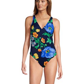 Women's Lands' End Long Torso Tugless V-Neck High Leg One-Piece Swimsuit
