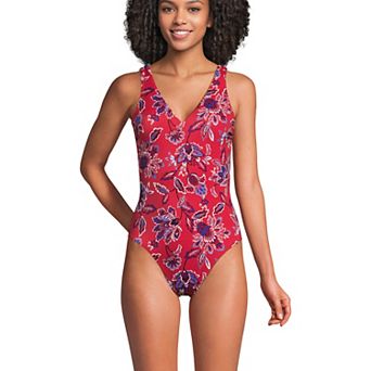 Women's Lands' End Long Torso Tugless V-Neck High Leg One-Piece Swimsuit