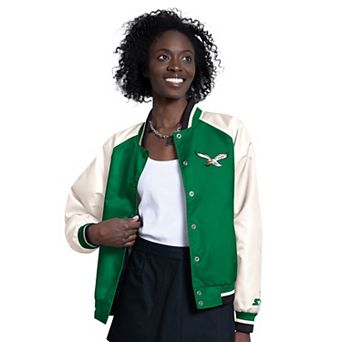 Women's Starter Kelly Green/White Philadelphia Eagles Raglan Blitz Full-Snap Varsity Jacket