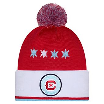 Men's New Era Red Chicago Fire 2026 Jersey Hook Cuffed Knit Hat with Pom