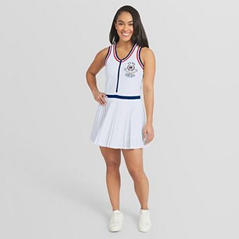 Women's WEAR by Erin Andrews White Chicago Cubs Zip-Front Pleated Tri-Blend Tank Dress
