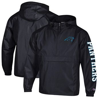Men's Champion Black Carolina Panthers Packable Hooded Windbreaker Half-Zip Jacket