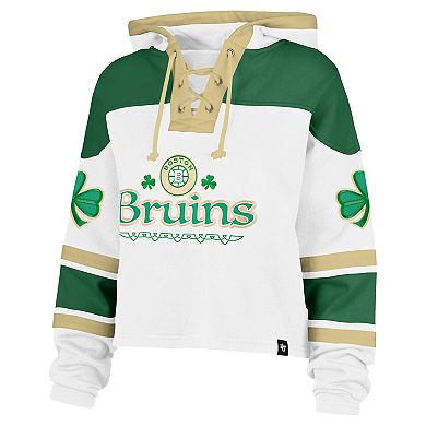 Women's '47 White Boston Bruins McLucky Cropped Lacer Hoodie