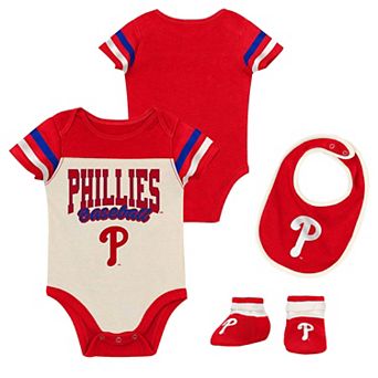 "Newborn Outerstuff Red Philadelphia Phillies Up One Three-Piece Bodysuit, Bib & Booties Set"