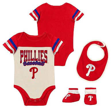 "Newborn Outerstuff Red Philadelphia Phillies Up One Three-Piece Bodysuit, Bib & Booties Set"