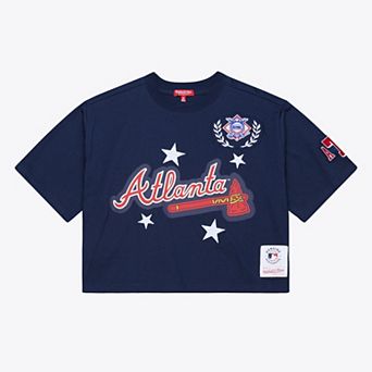 Women's Mitchell & Ness Navy Atlanta Braves Pep Rally Cropped Boxy T-Shirt