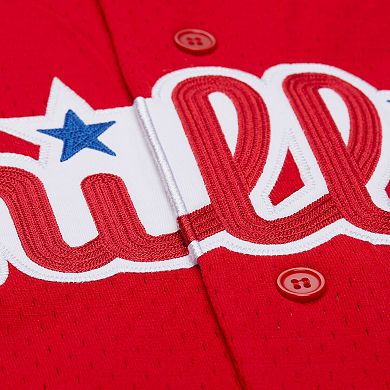 Men's Mitchell & Ness Jimmy Rollins Red Philadelphia Phillies Cooperstown Mesh Batting Practice Button-Up Jersey