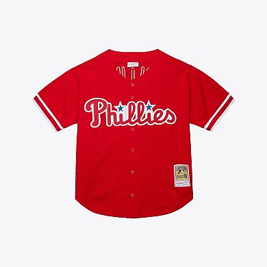 Men's Mitchell & Ness Jimmy Rollins Red Philadelphia Phillies Cooperstown Mesh Batting Practice Button-Up Jersey