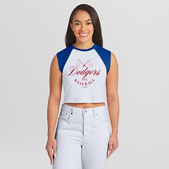 Women's WEAR by Erin Andrews White Los Angeles Dodgers Cooperstown Cropped Raglan Tank Top
