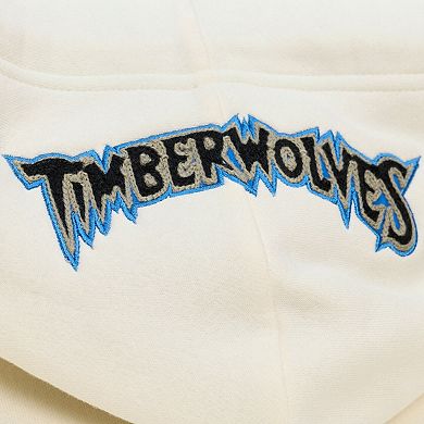 Men's Mitchell & Ness Cream Minnesota Timberwolves Hardwood Classics Chainstitch Premium Fleece Hoodie