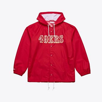 Men's Mitchell & Ness Scarlet San Francisco 49ers Coaches Full-Snap Hooded Windbreaker Jacket