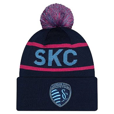 Men's New Era Navy Sporting Kansas City 2026 Jersey Hook Cuffed Pom Knit Hat